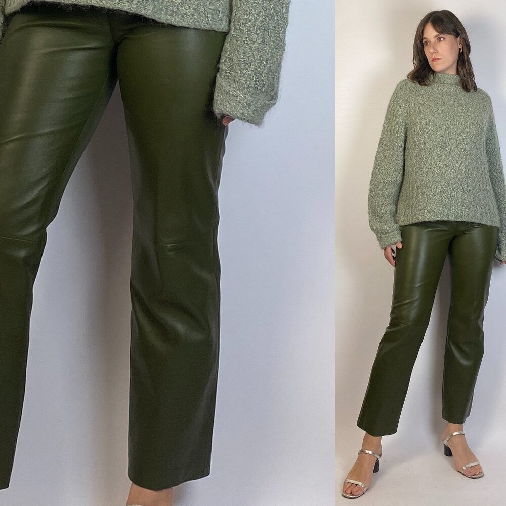 Vintage 90s KHAKI GREEN Mid Rise Real LEATHER Slim Pants! Size 6 to 8